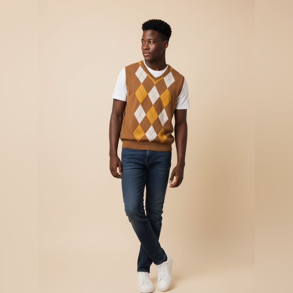 Mens Dark Tan Argyle Sweater Vest XL